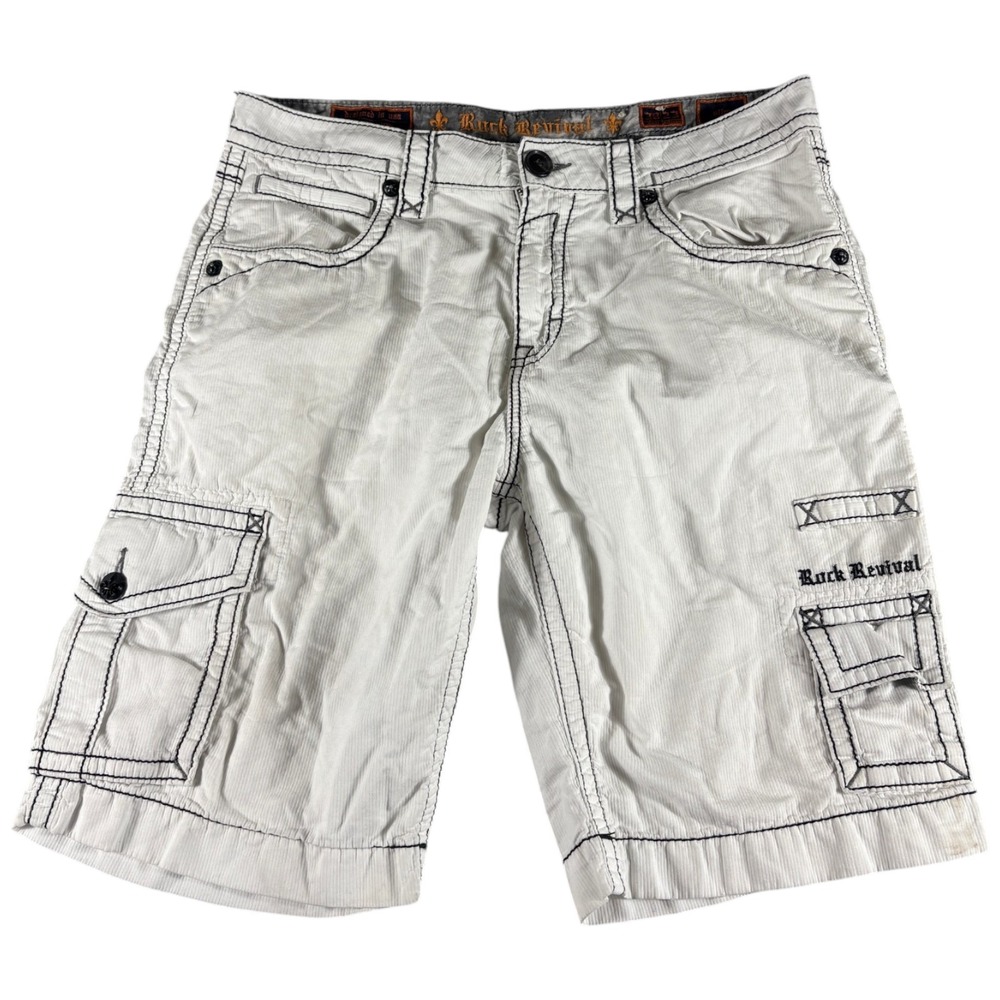 Rock Revival Cargo Shorts Mens 38 White Grunge Y2K Slim Workwear Buckle Long
